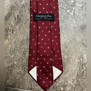 Vintage Christian Dior red silk tie with a small square and dot pattern